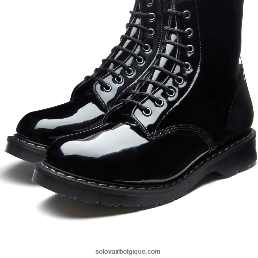 Femme Solovair Botte Derby Noire Vernie Végane à 8 œillets 48f40r307