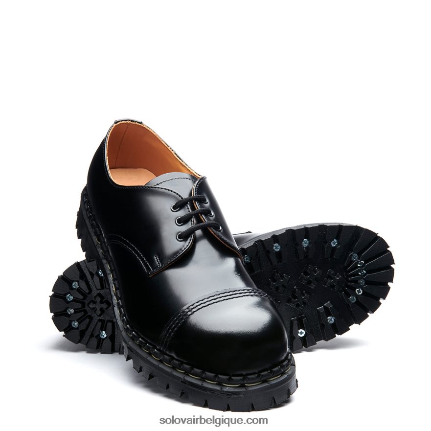 Femme Solovair Chaussure Gibson Noire à Bout En Acier Ultra-brillant 48f40r381