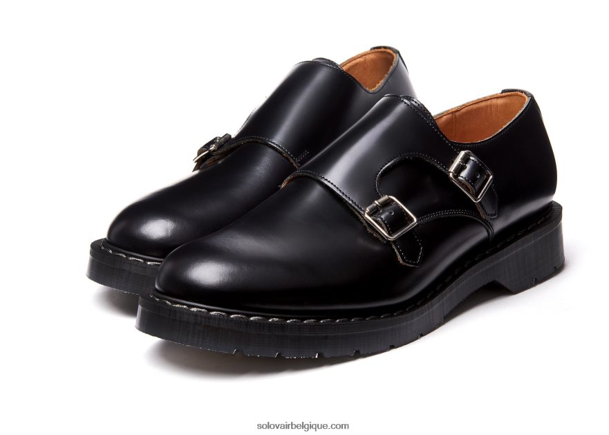 Hommes Solovair Mocassin Noir Brillant à Double Boucle 48f40r215