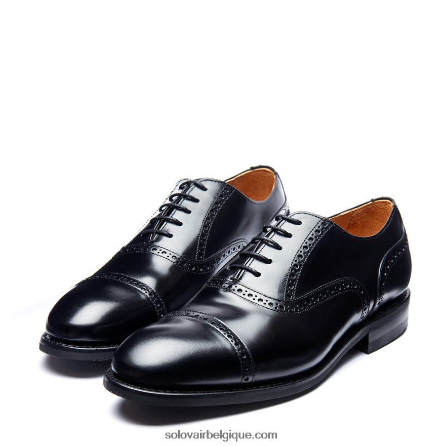 Homme Solovair Chaussure Semi-brogue Oxford à 5 œillets Noire Ultra-brillante 48f40r222